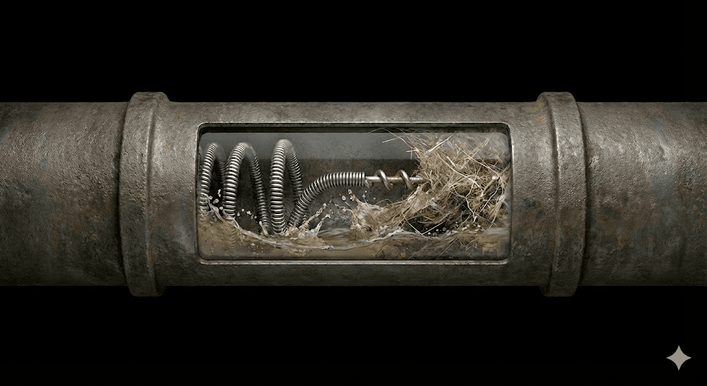 Drain cleaning snake tool clearing a clogged pipe